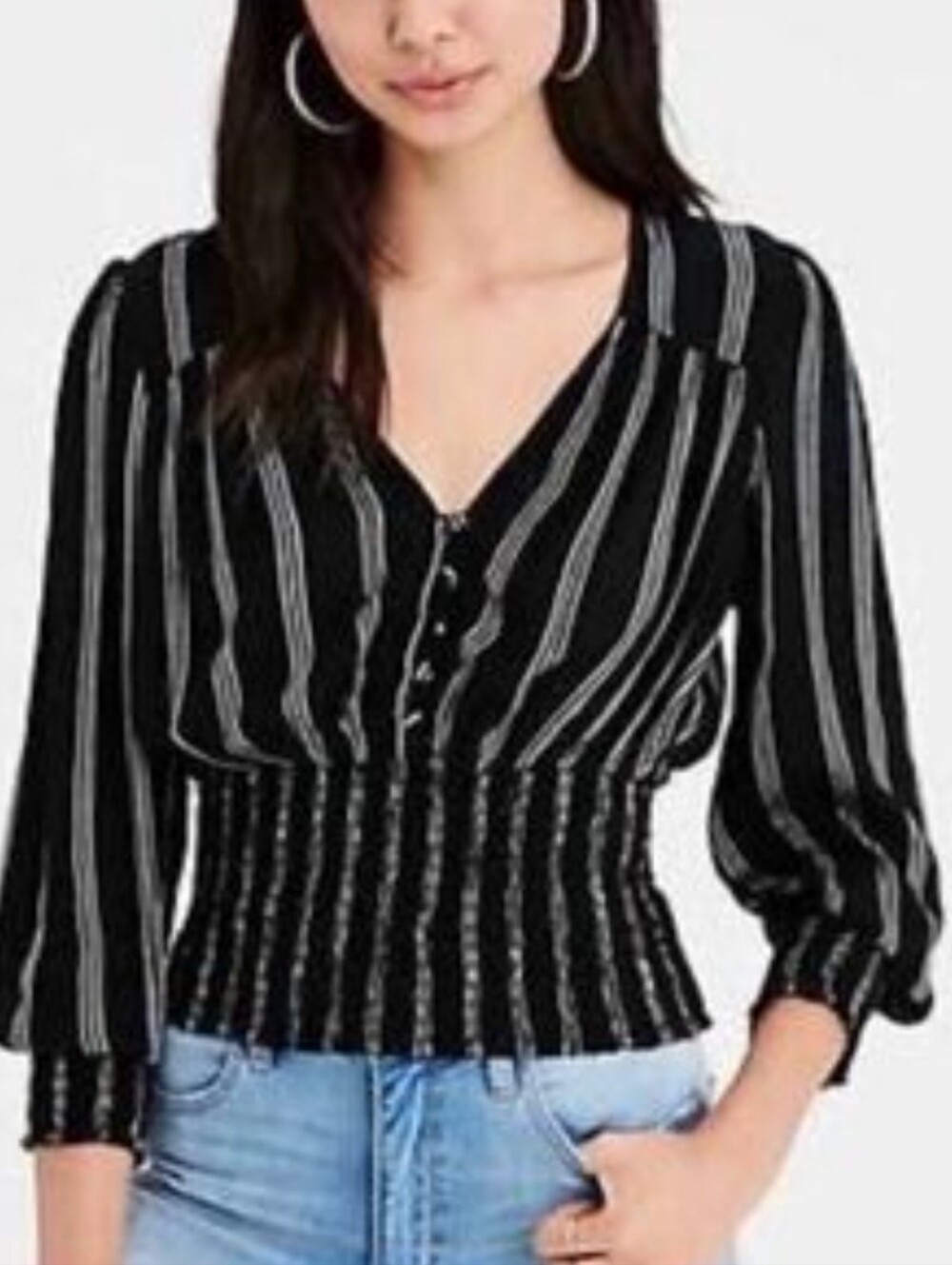 American Eagle Outfitters Black and White Striped Smocked Waist Top